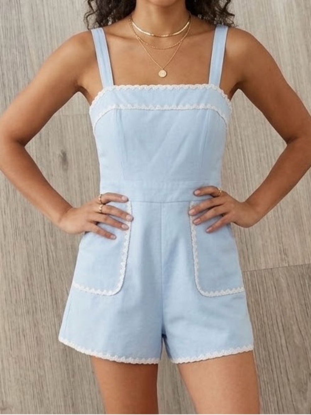 Altar’d State Light Blue Crochet Trim Romper